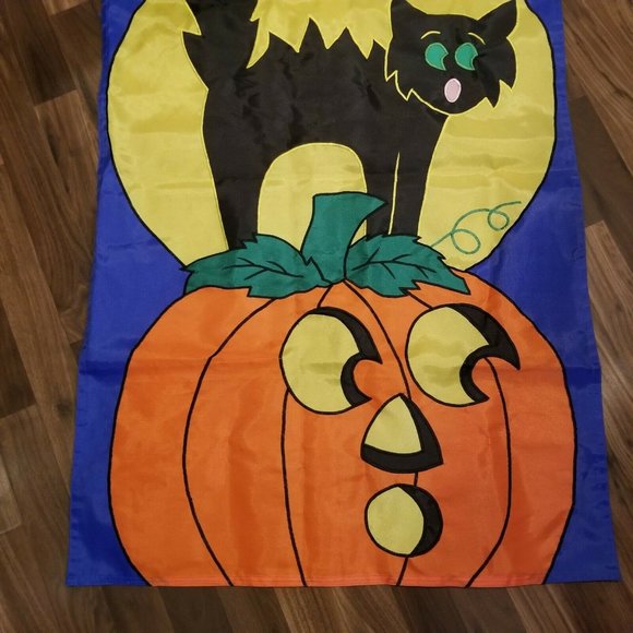 Vintage HALLOWEEN Jack O Lantern BLACK CAT Full Moon Garden Flag NWT House Decor - Picture 4 of 12